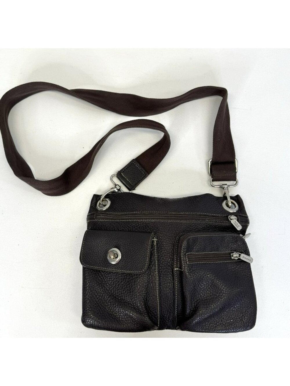 ROOTS Village Tribe Crossbody Bag Purse Brown Pebbled Leather Adjustable Strap